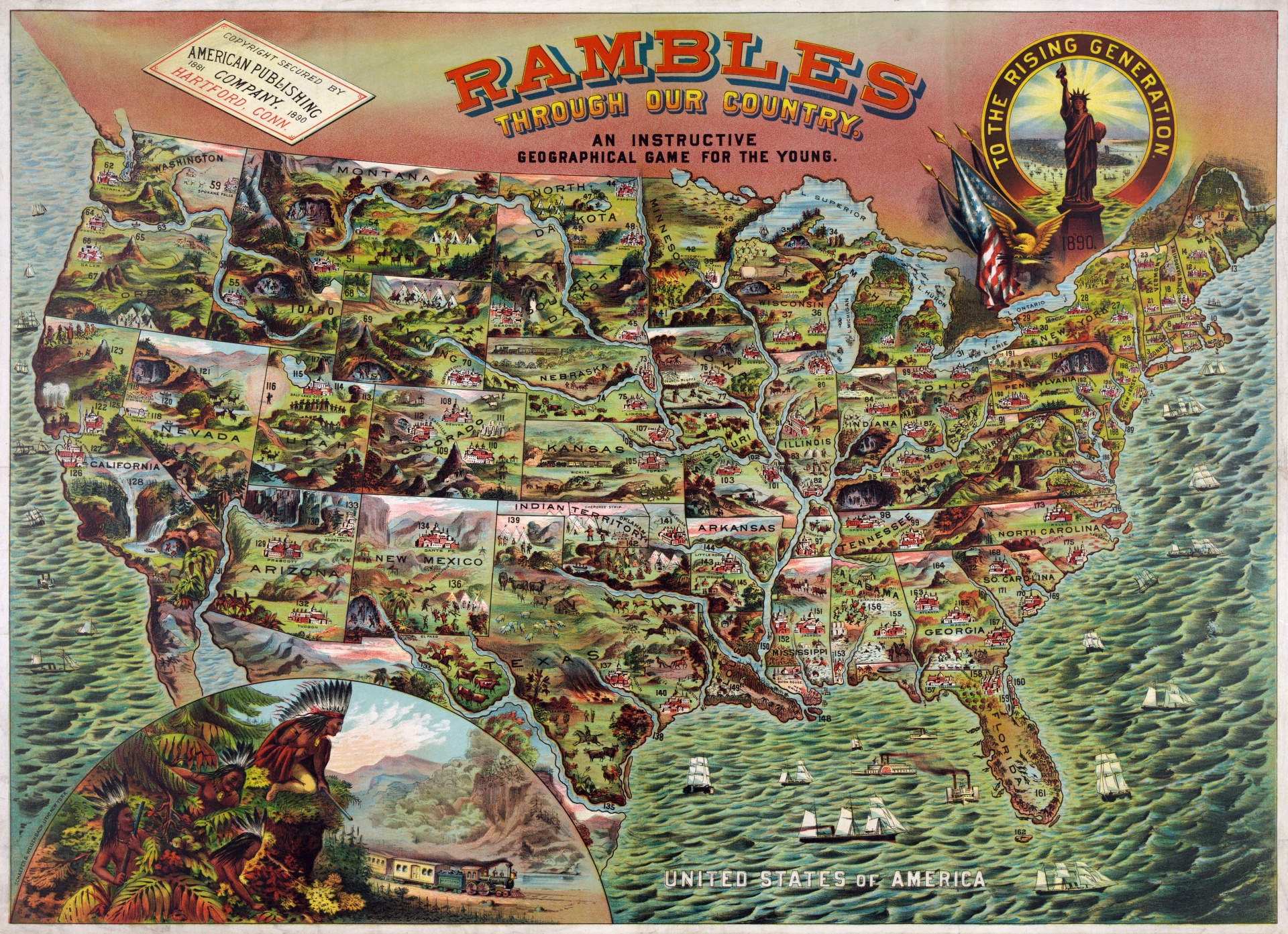 Rambles through our country, an instructive geographical game for the young. To the rising generation. Copyright secured by American Publishing Company, Hartford, Connecticut.