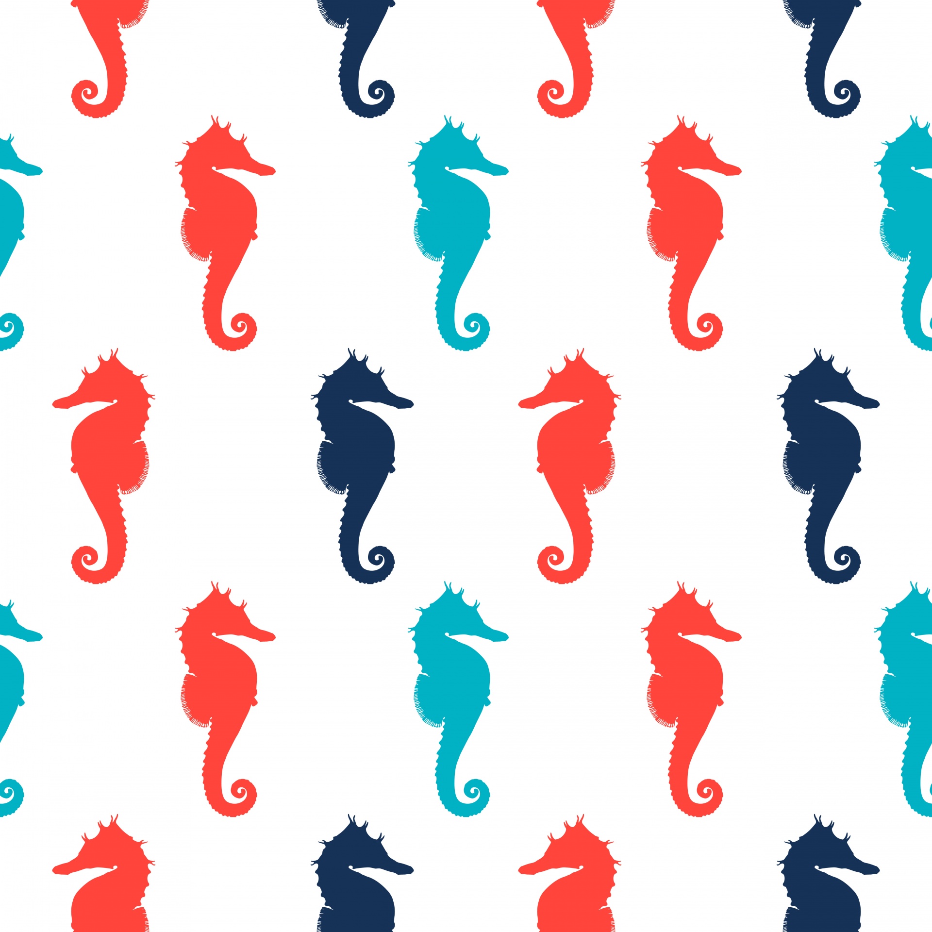 Red and blue seahorses seamless, repeating background wallpaper pattern on white background, marine, seaside, beach, summery design
