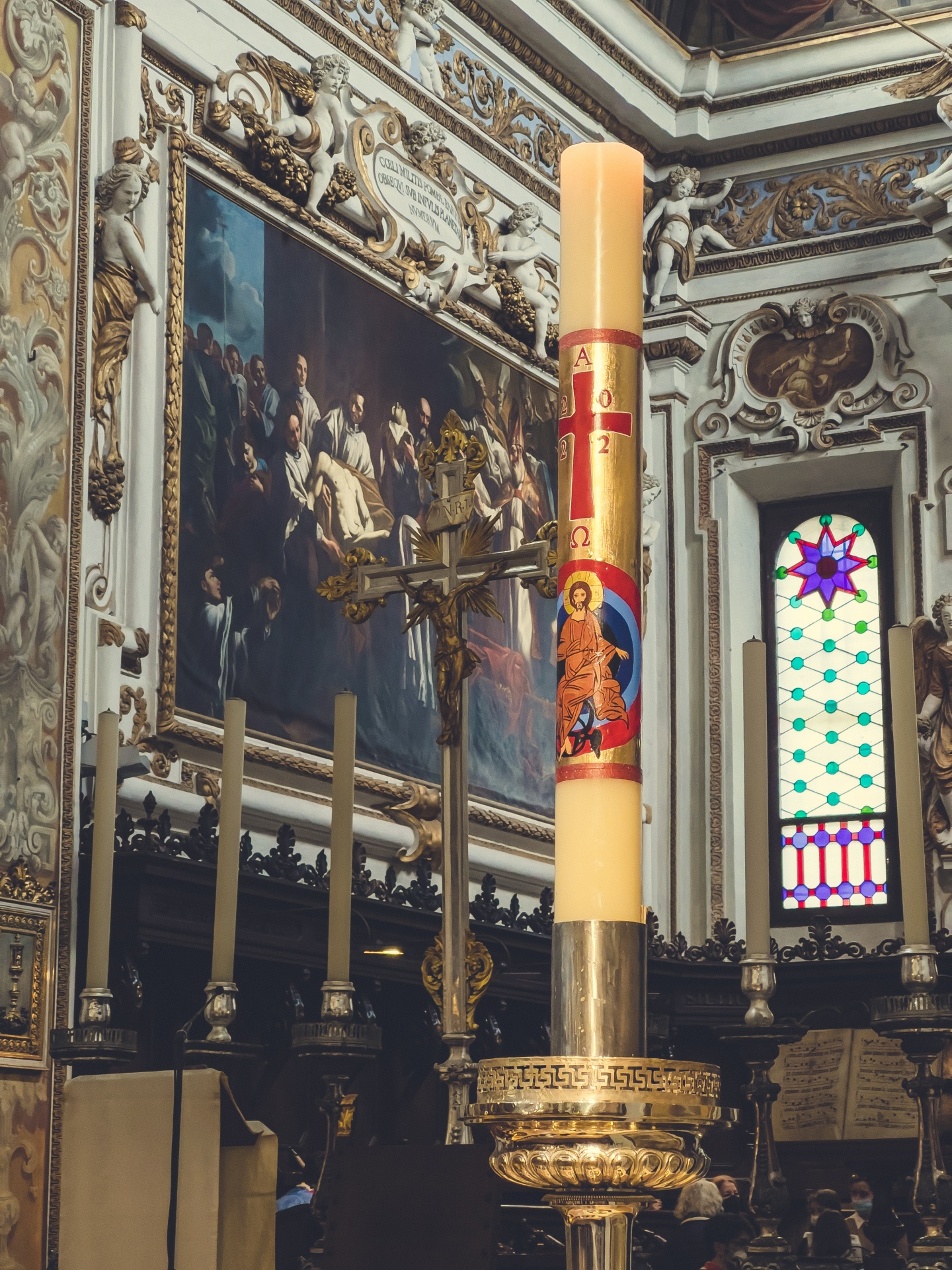A big candle inside in a church