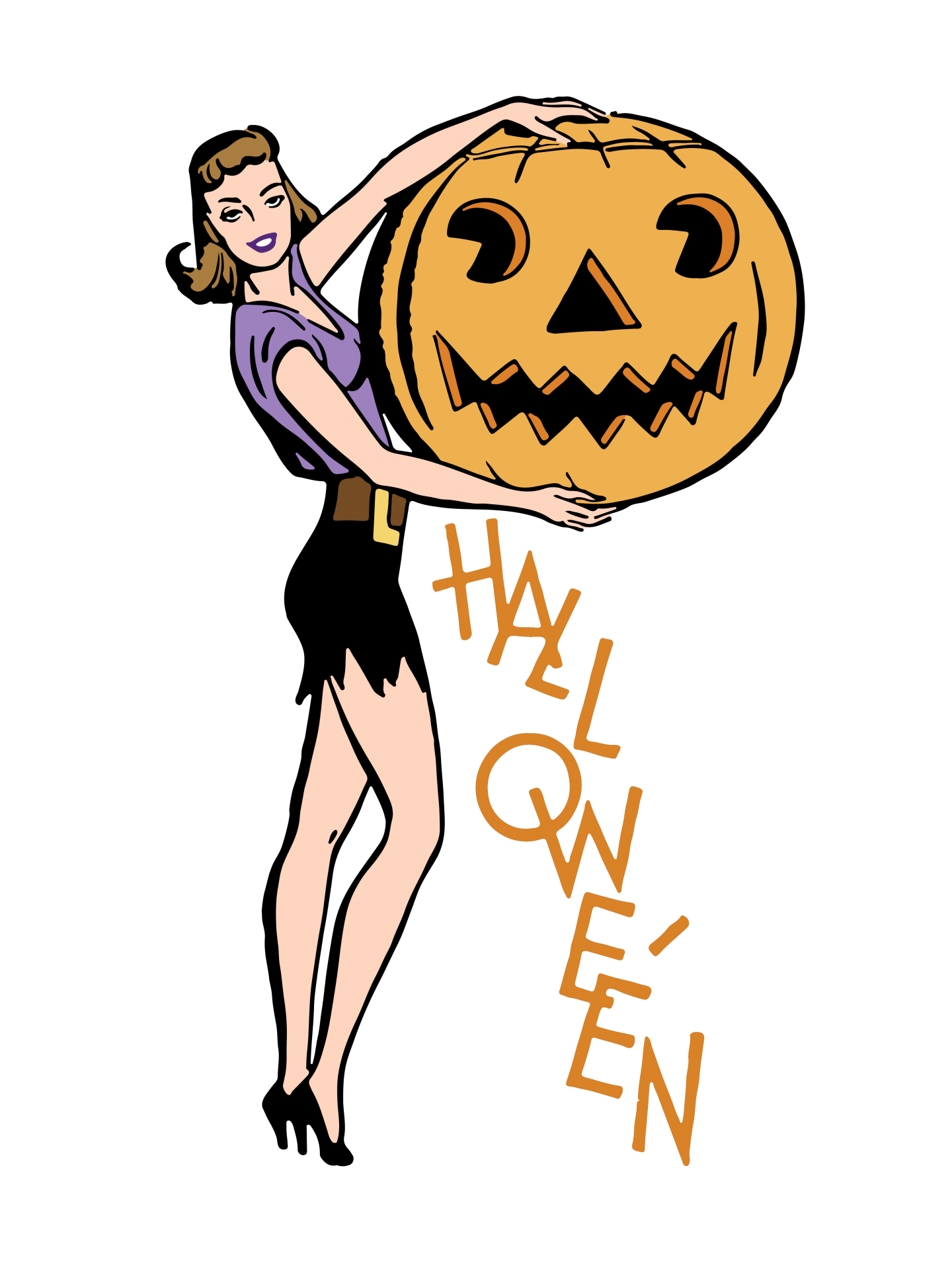 Retro, vintage, halloween pin up girl, woman holding a jack o’lantern, pumpkin vector art illustration cut out on transparent png background,