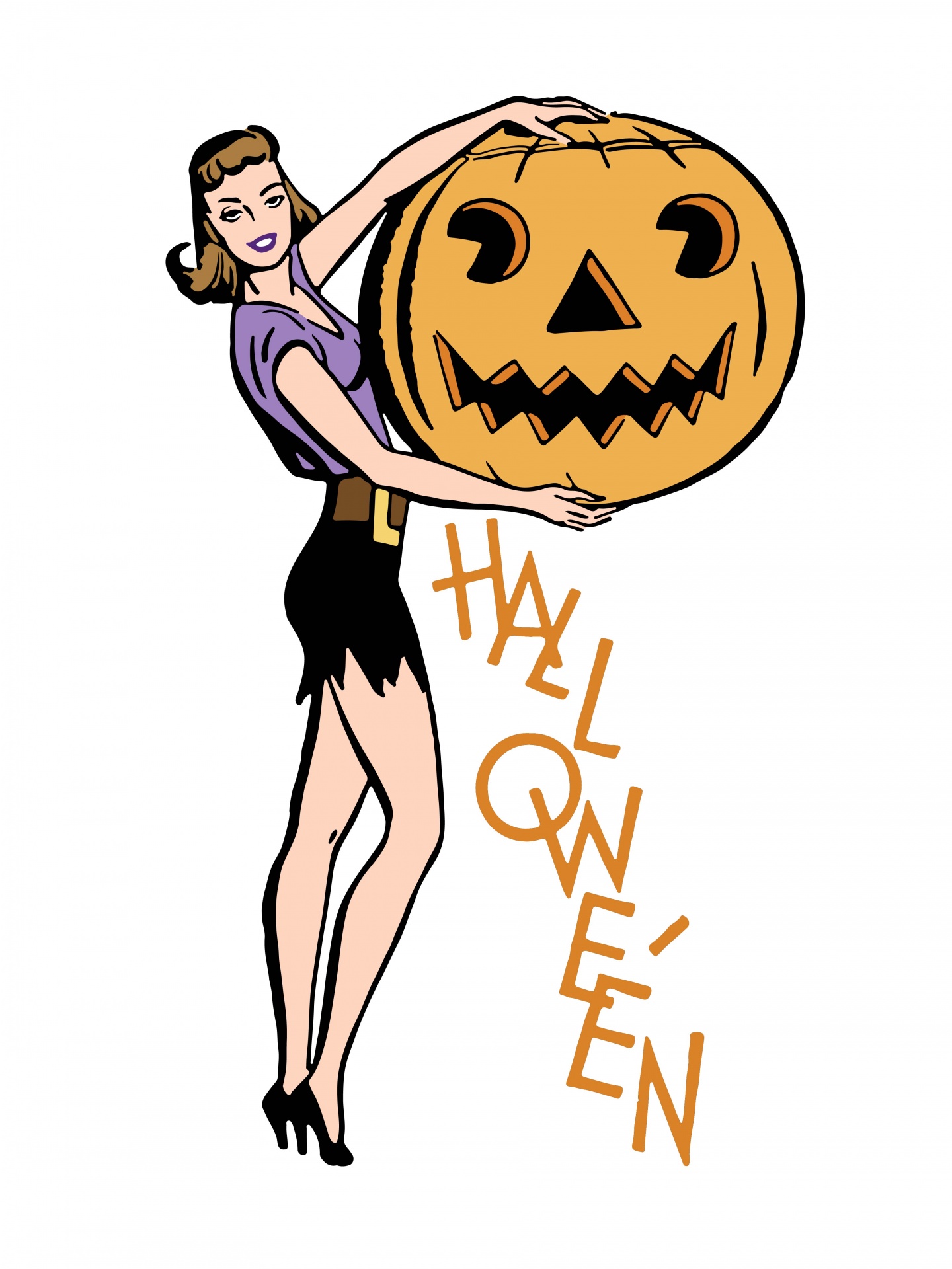 Retro, vintage, halloween pin up girl, woman holding a jack o’lantern, pumpkin vector art illustration isolated on white background