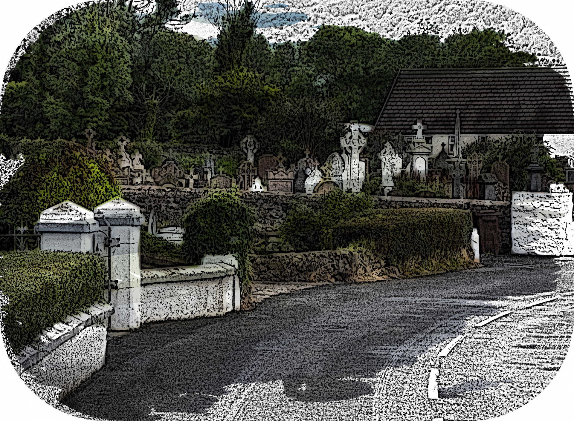 artistic rendering of an old cemetery in Ireland, outside of Belfast