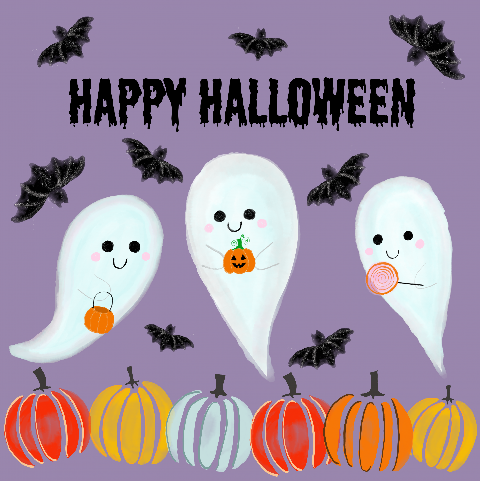 Happy Halloween card illustration with ghosts, pumpkins and bats