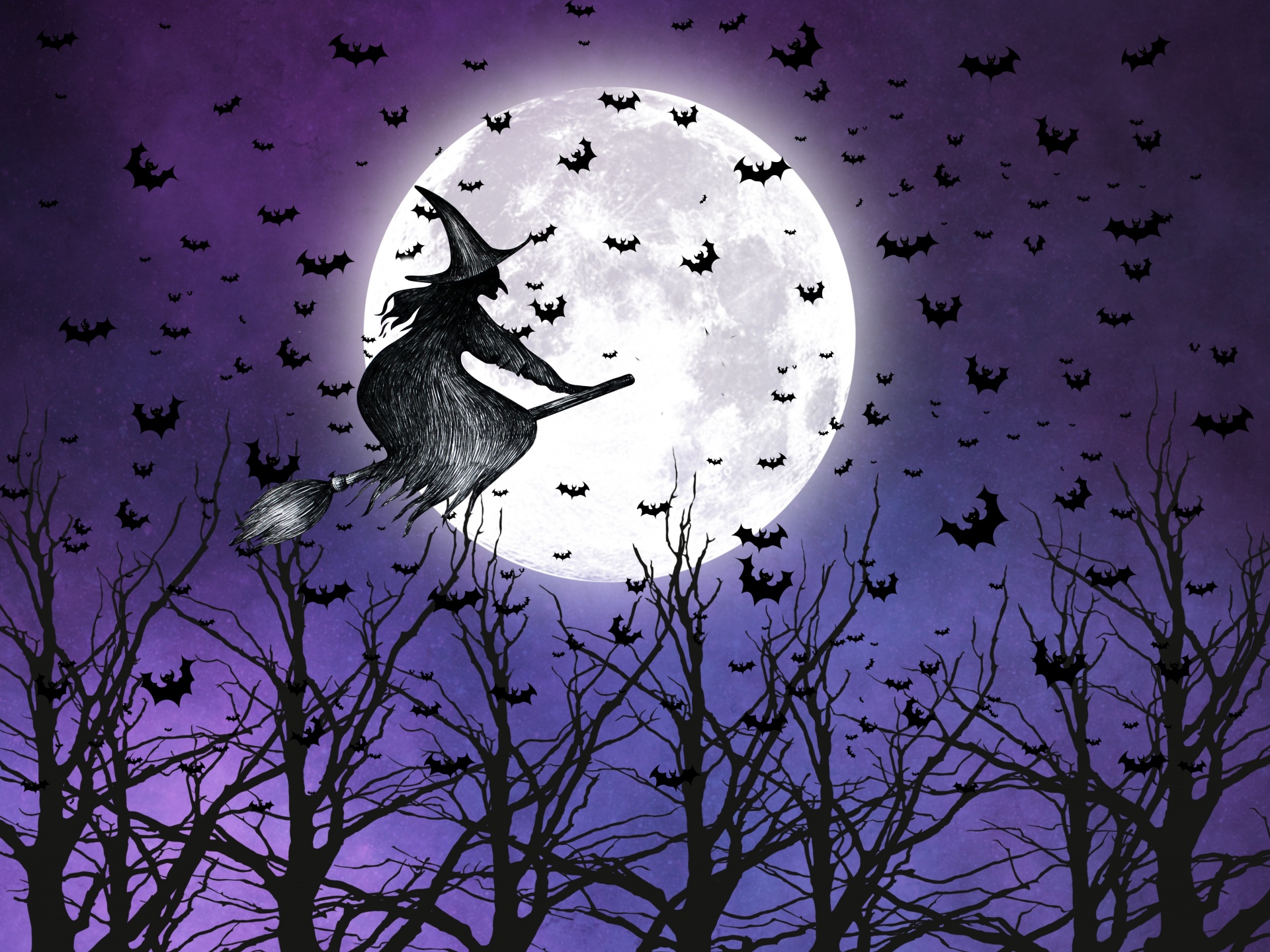 silhouette witch flying with bats in front of a full moon and over silhouetted tree tops