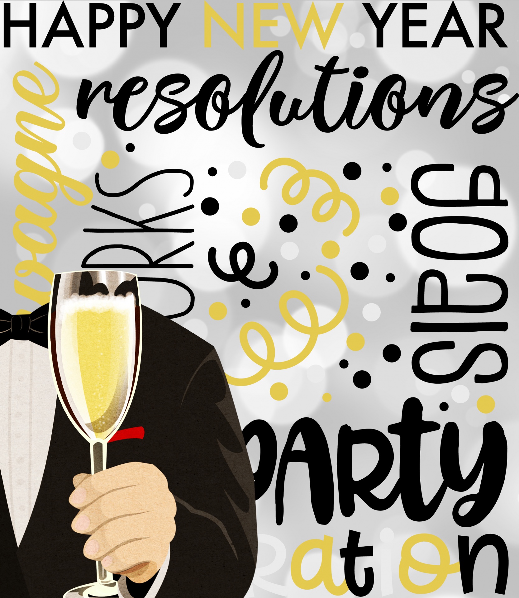 headless man in a tux holding out a glass of champaign on a background of words about New Years