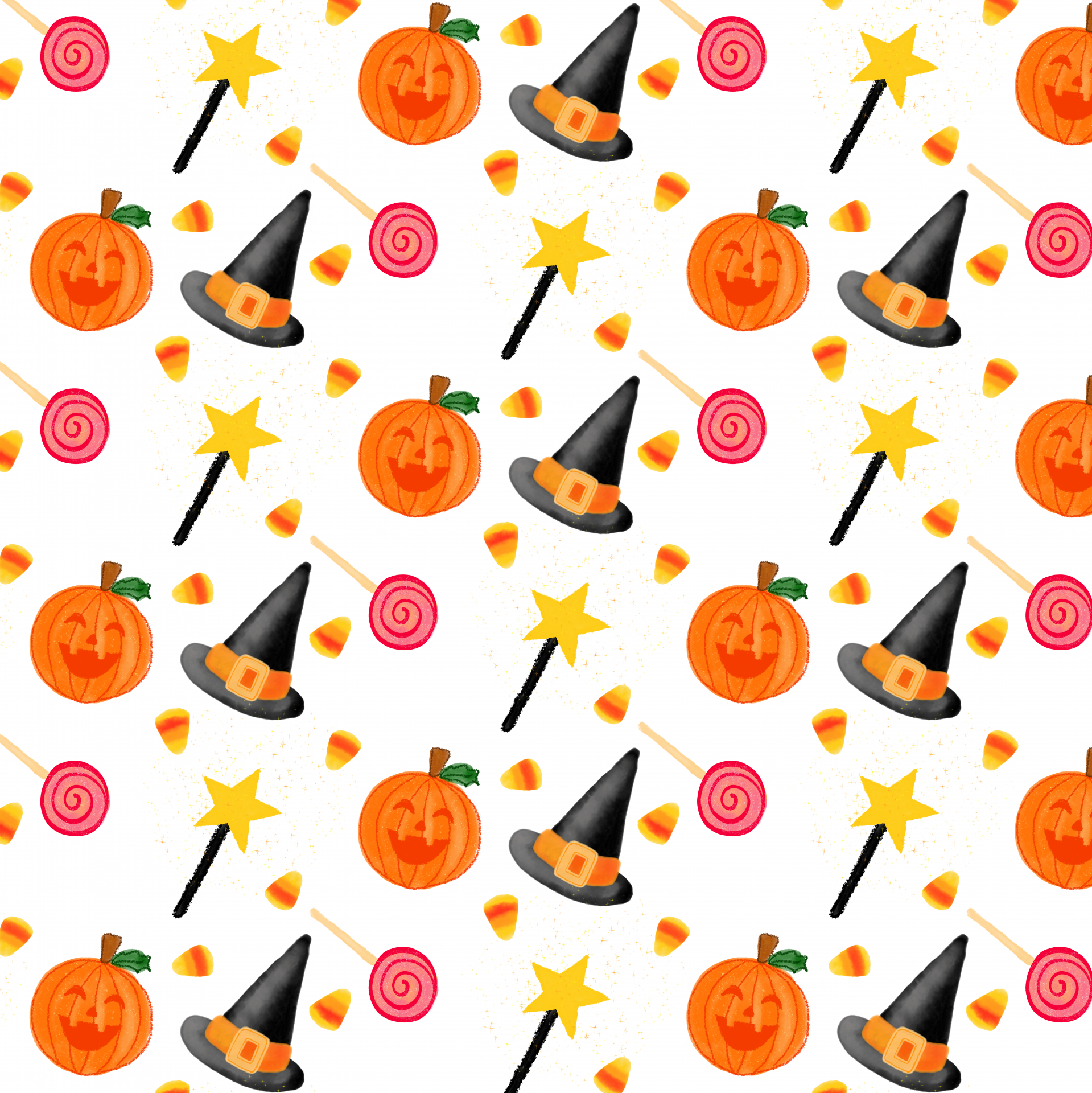 Halloween watercolor background illustration with pumpkins, witches' hats, wands, lollipops and corn