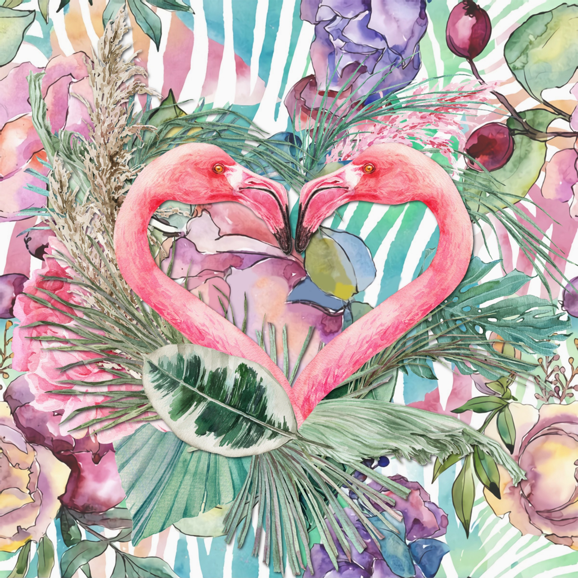 a heart formed by two flamingoes facing each other on a lush colorful watercolor background of tropical plants and flowers