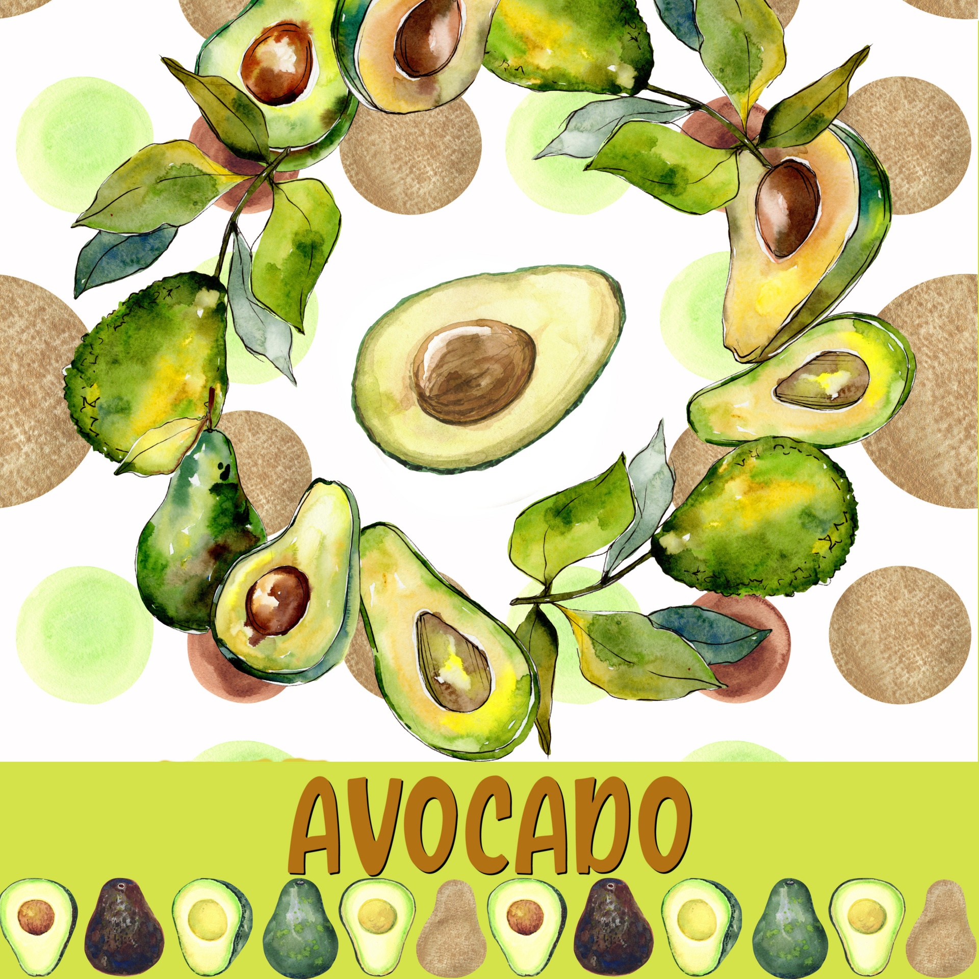 the word AVOCADO with a watercolor wreath illustration flat lay of a sliced Avocado on an avocado patterned background