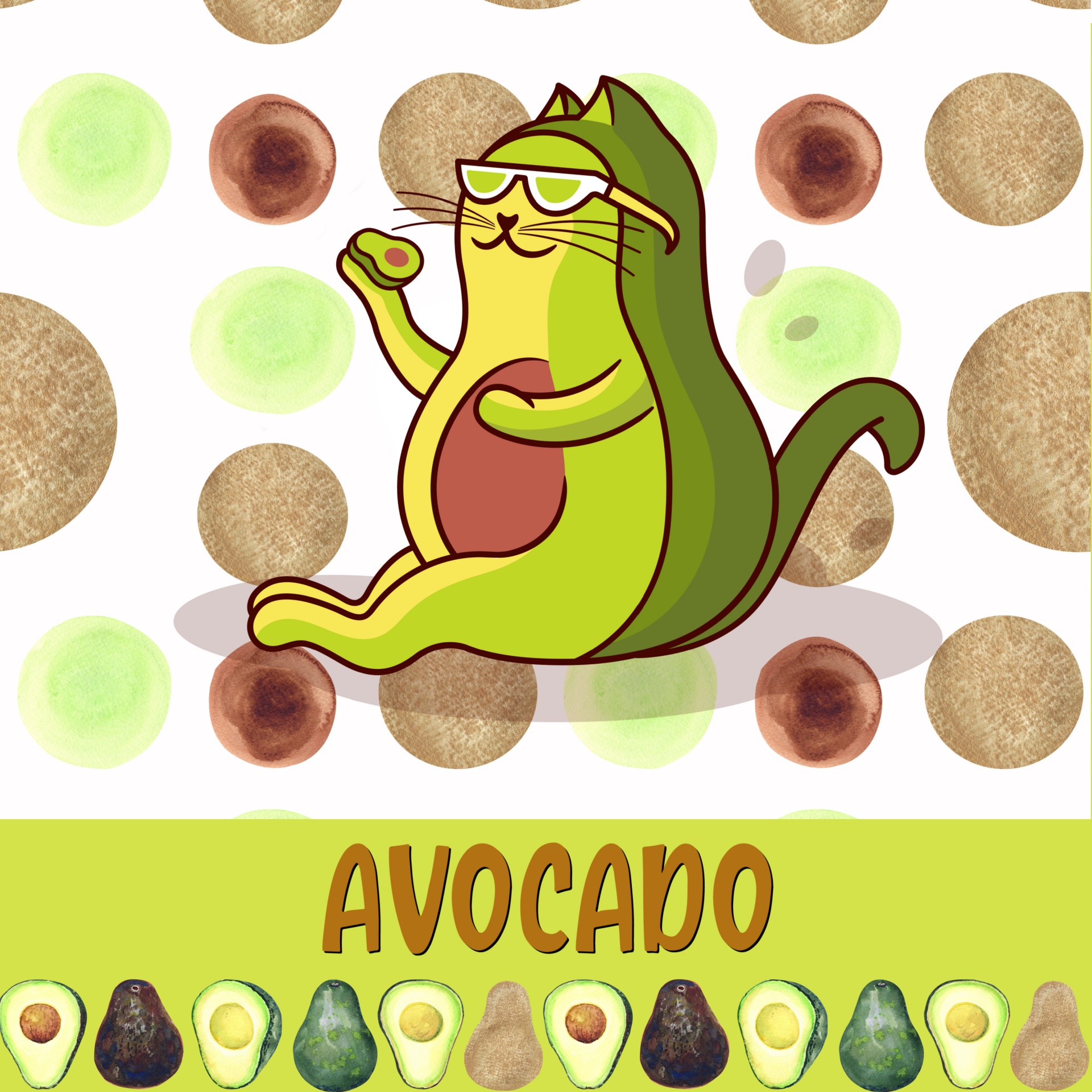 the word AVOCADO with a cute green avocado cat character on an avocado patterned background