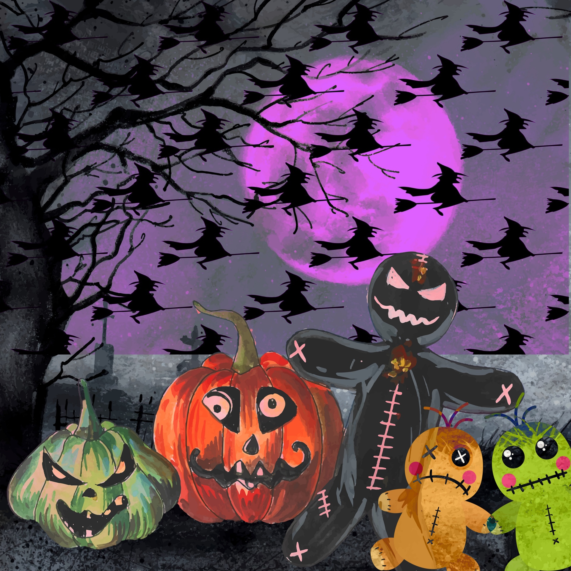 Illustration for Halloween featuring jack-o-lanterns, voodoo dolls, and silhouetted witches flying in the full moon sky