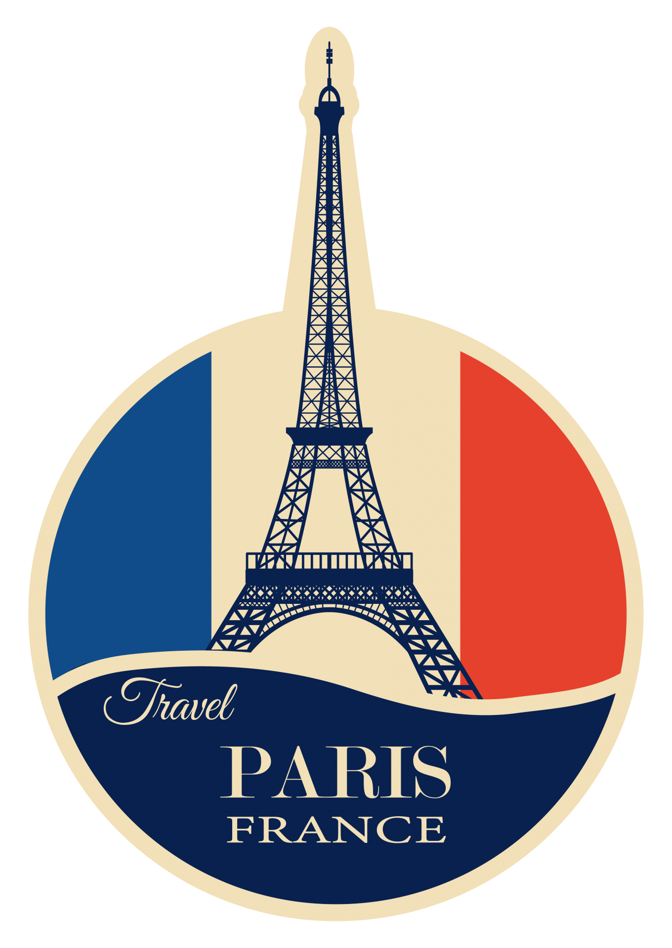 Retro, vintage style yet modern and fresh luggage, suitcase, travel sticker for Paris, France with the eiffel tower and flag of France background cut out on transparent png background