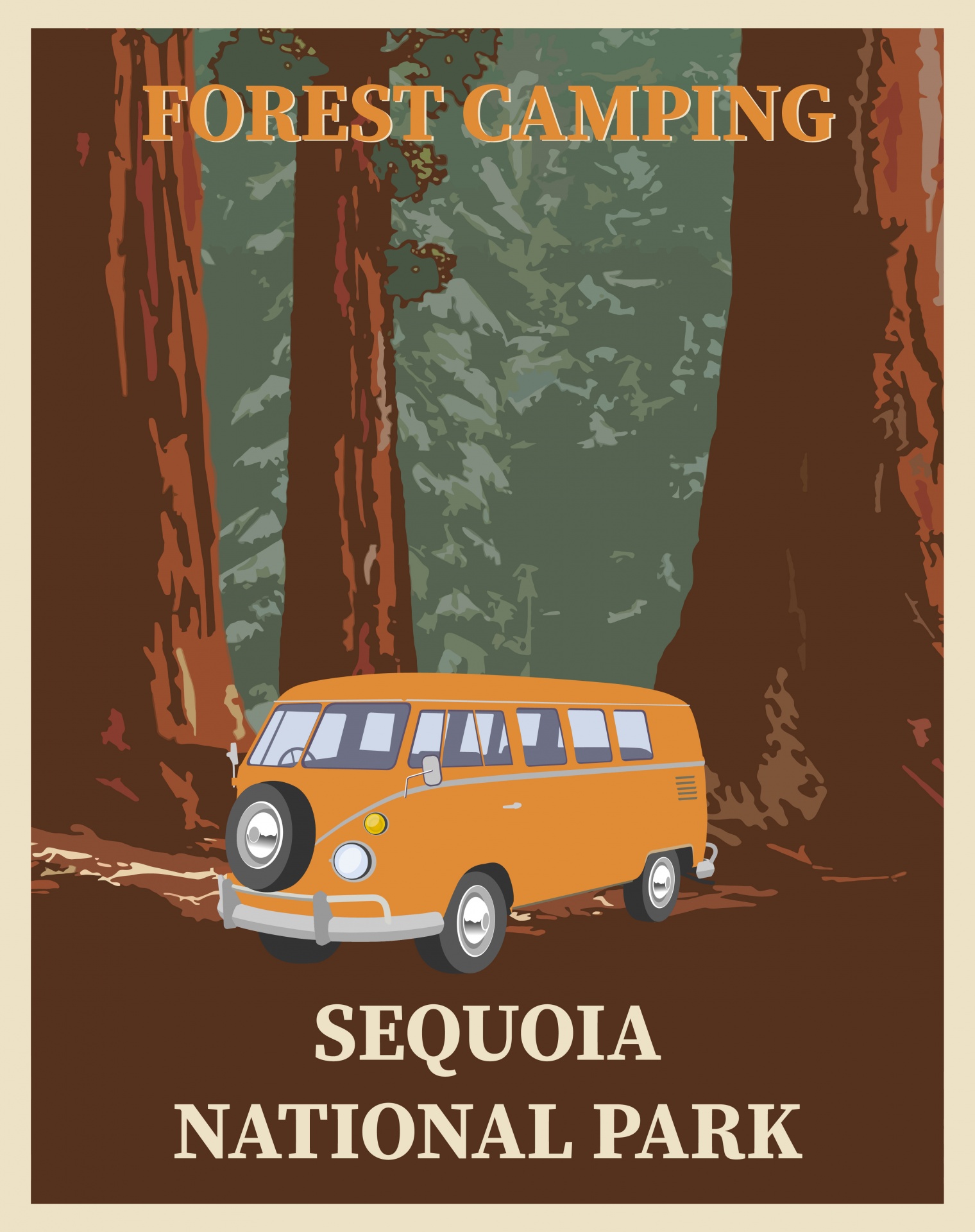 Retro, vintage style travel poster for camping in Sequoia National Park, California with vw camper van and giant redwood trees