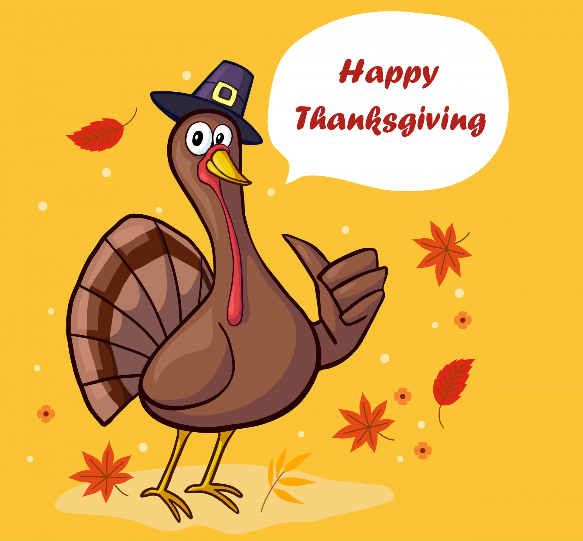 Thanksgiving background of cartoon turkey and autumn, fall leaves card template, with speech bubble happy thanksgiving