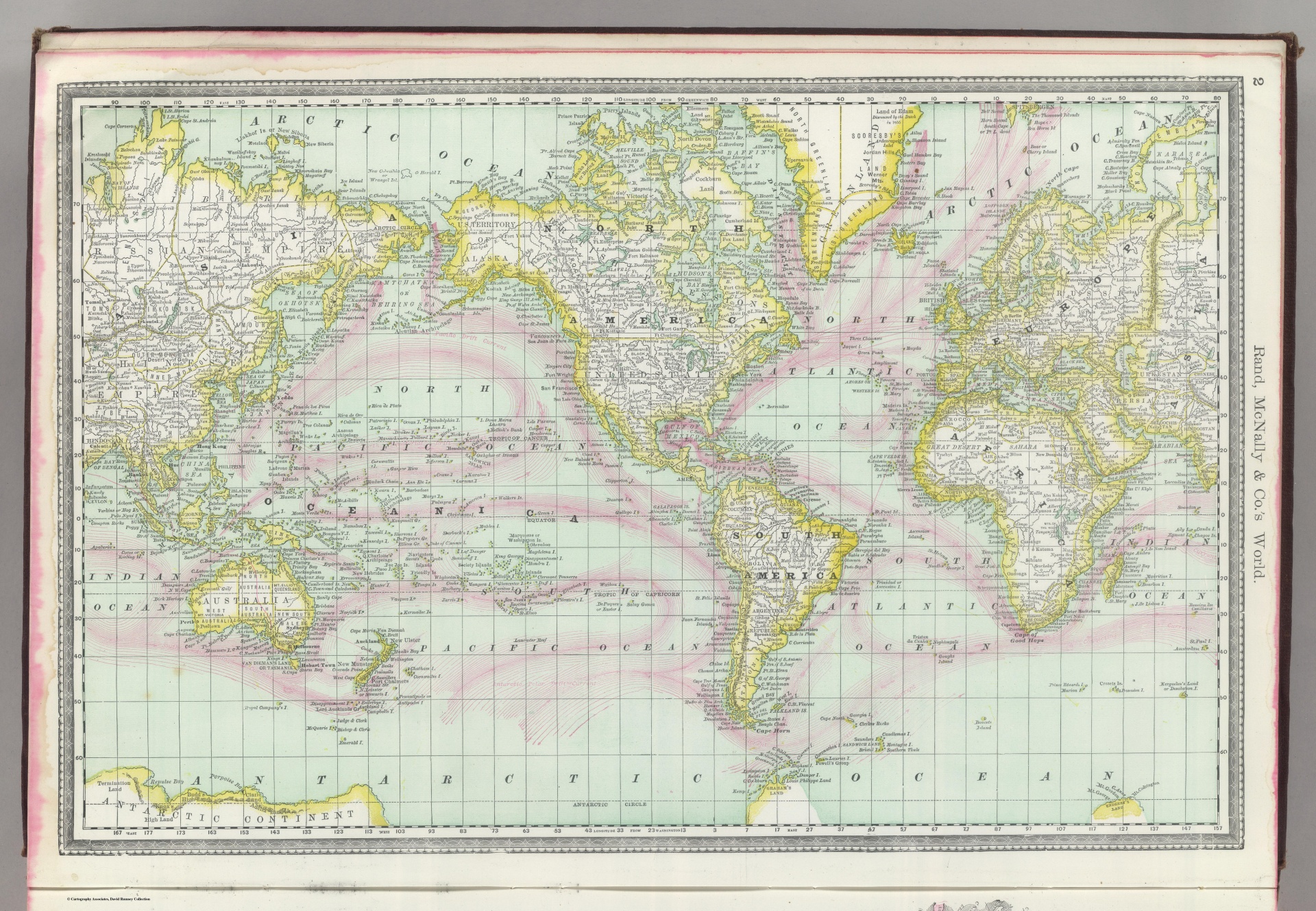 Land and countries outlined in yellow. Ocean currents in red. Meridians Washington and Greenwich. Relief shown by hachures. 1889