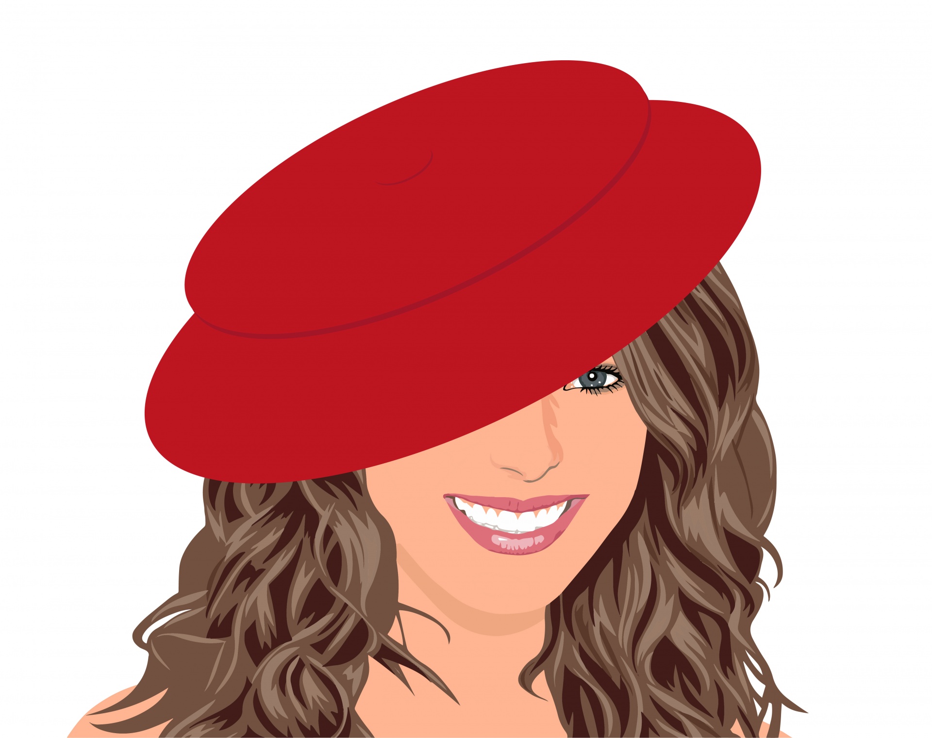 Vector illustration of a beautiful happy, smiling young retro woman with long dark hair and a sparkle in her eye wearing a red hat isolated on white background