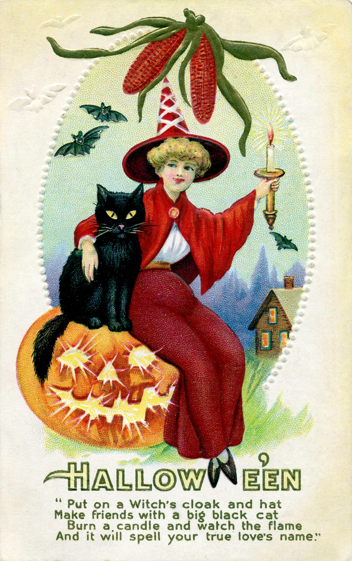 Old Vintage Halloween Postcard Witch with Black Cat and Jack O&39;Lantern Pumpkin Public Domain