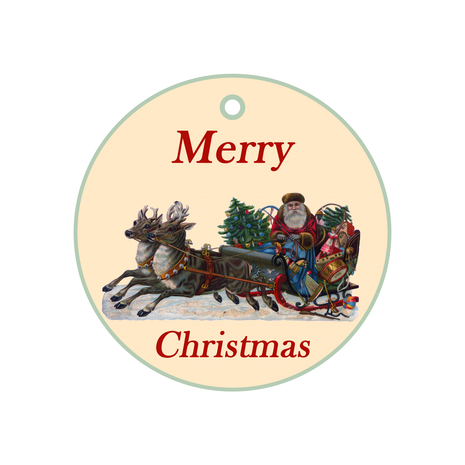 Vintage christmas santa claus in sleigh with gifts, toys, pulled by two reindeer on gift tag, label, merry christmas, on transparent png background