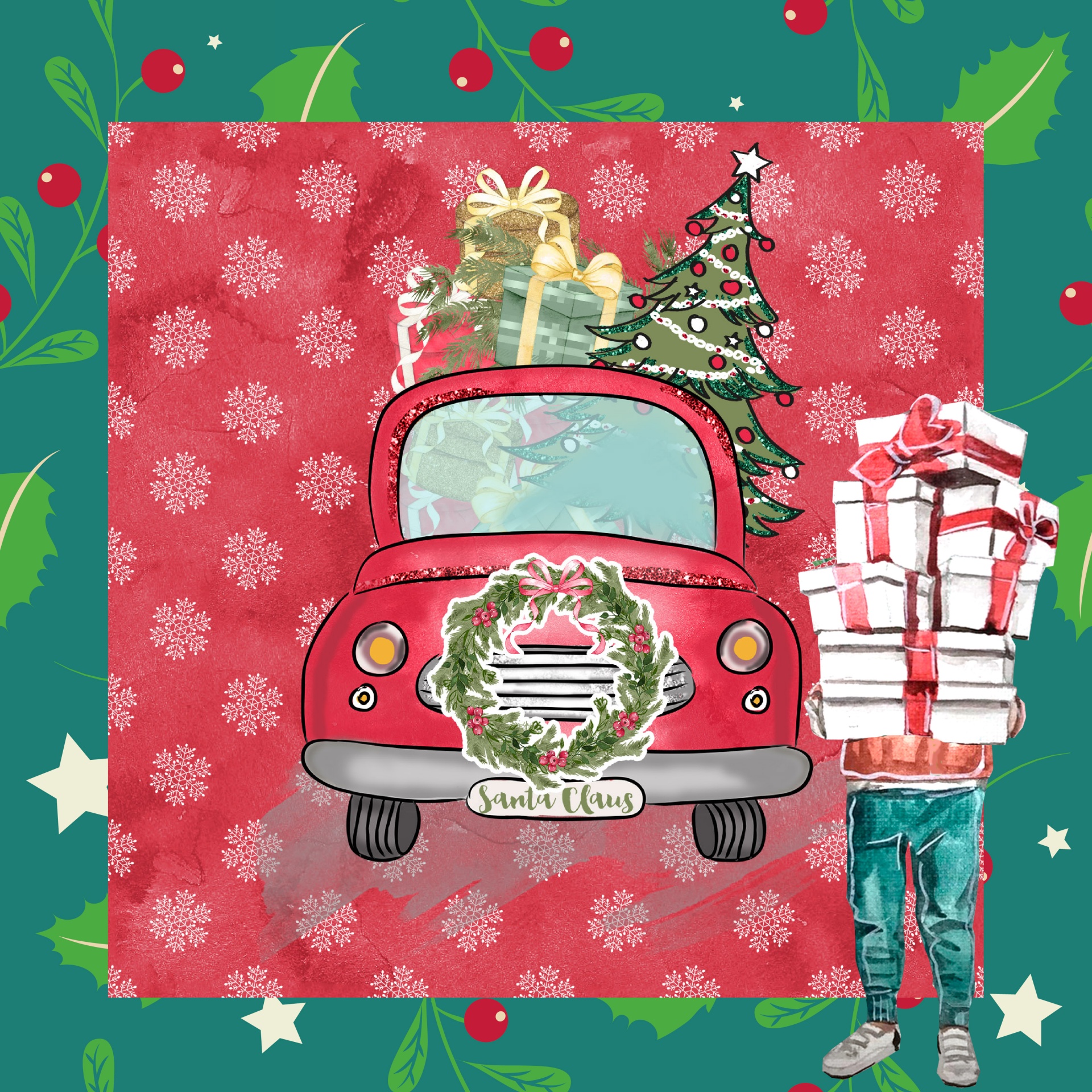 cute illustration of a car with a Christmas tree and presents inside and a wreath on its grill and a man outside with a tall pile of more gifts