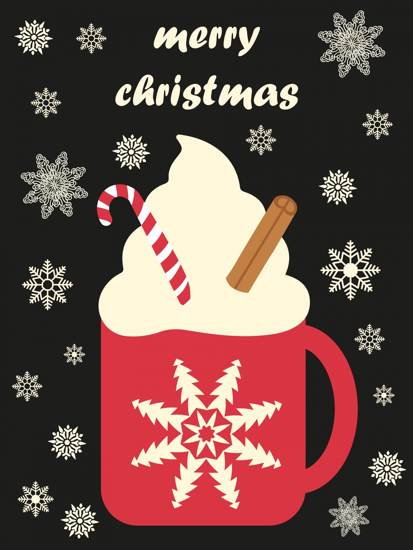 Hot chocolate drink in red mug with cream and candy cane on a snowflake background and typography merry christmas
