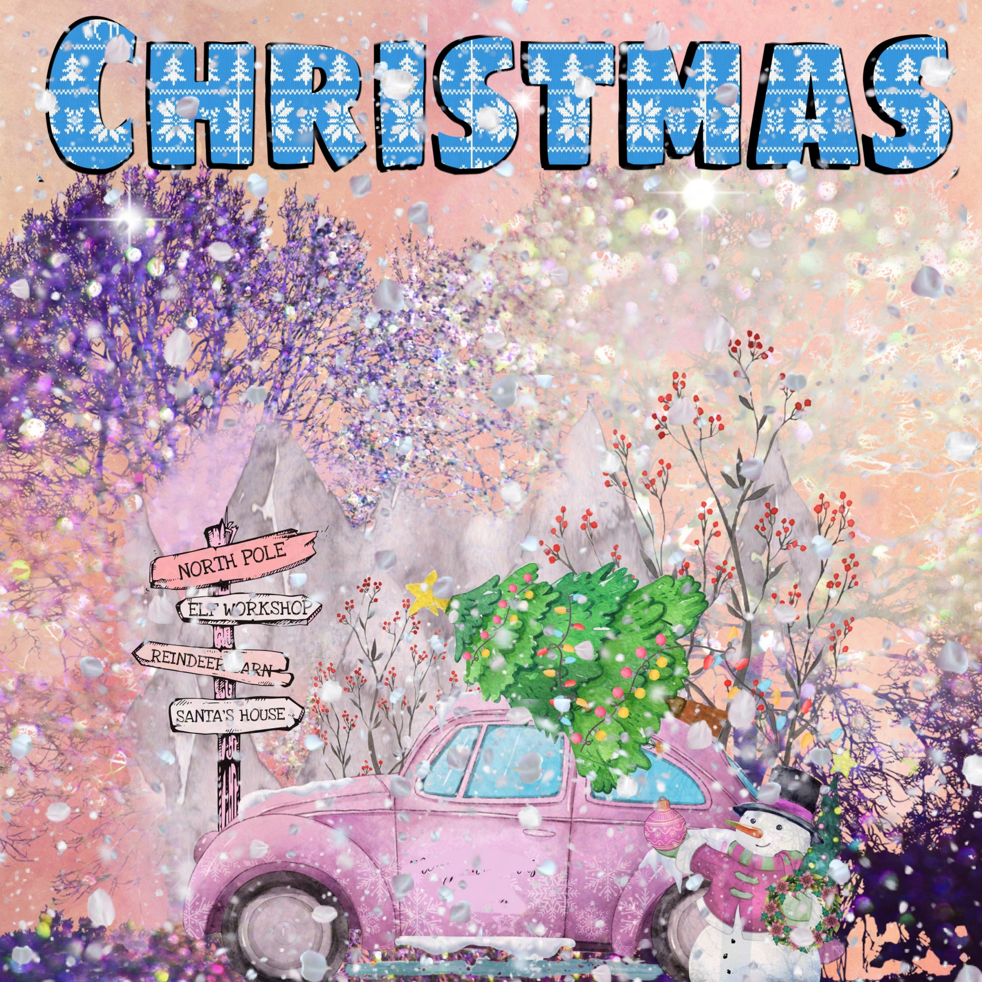 watercolor illustration of a cute beetle bug car with a tree on top, a snowman by its side on a background of glittering wintry snow in pink hues
