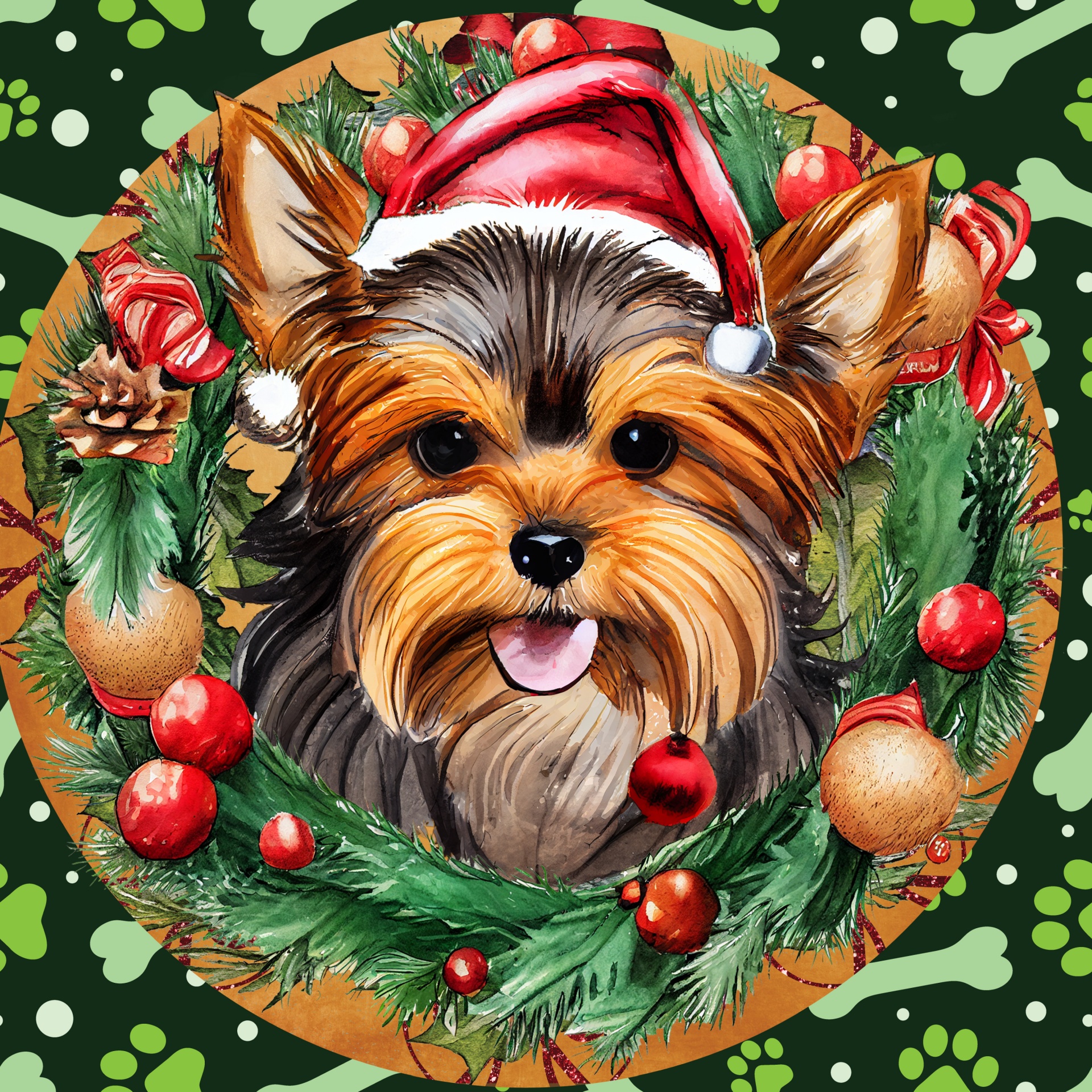 Yorkshire Terrier cute dog wearing a Santa Claus Cap within a wreath on a background of paws and bones