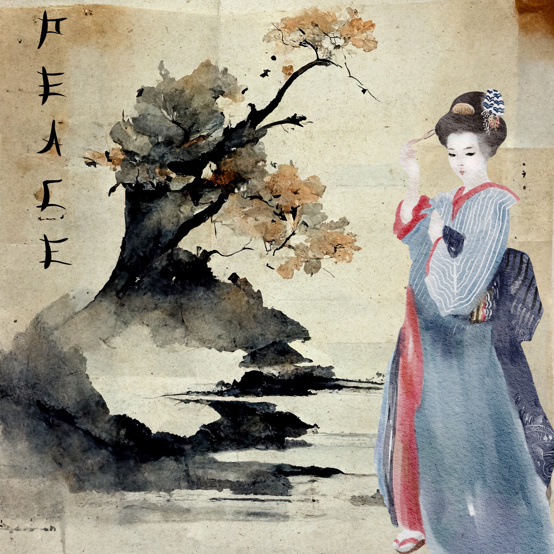 Japanese Watercolor PEACE Geisha