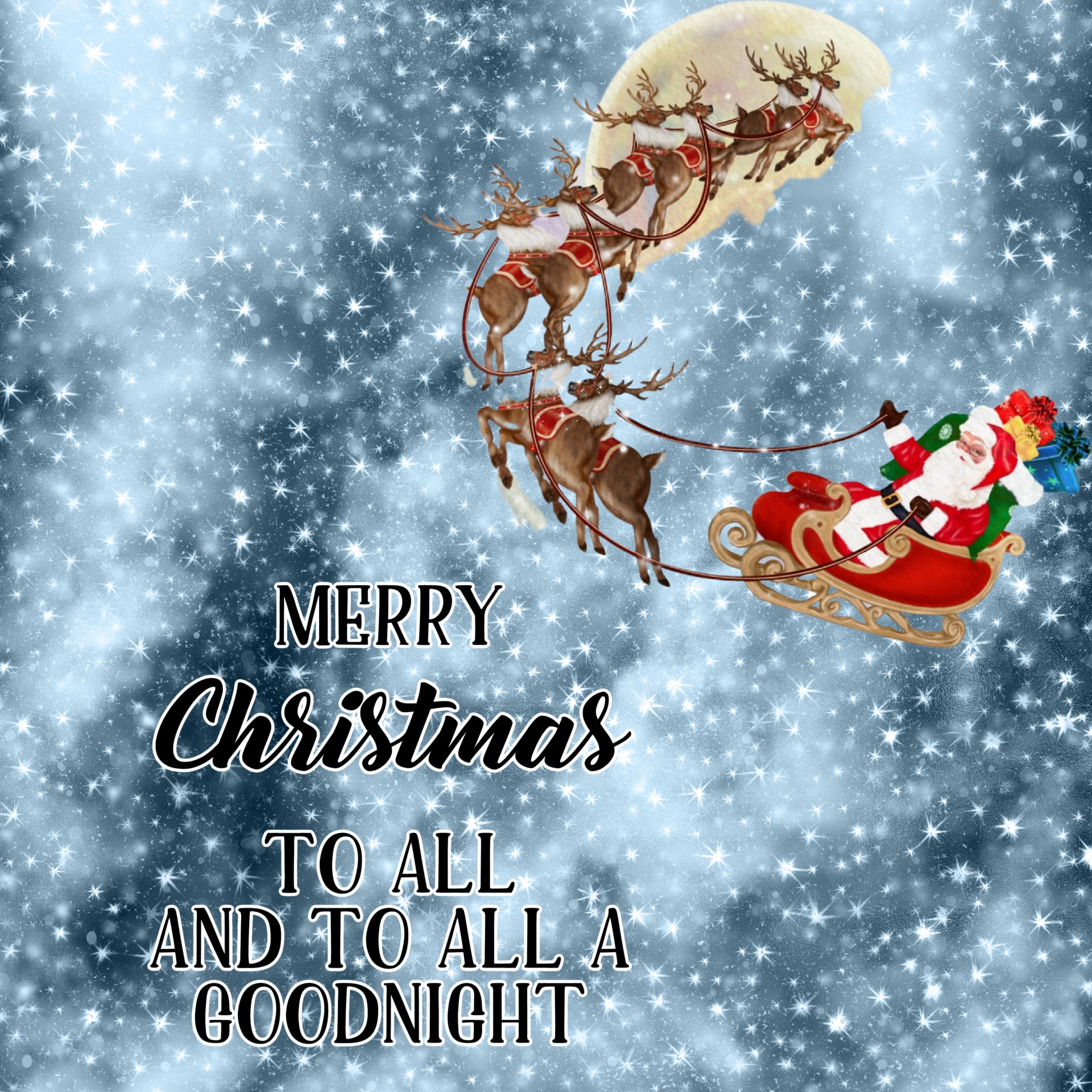 a wintry starry blue patterned background with st. nicholas in his sleigh being pulled by the reindeer with word art typography merry christmas to all and to all a good night