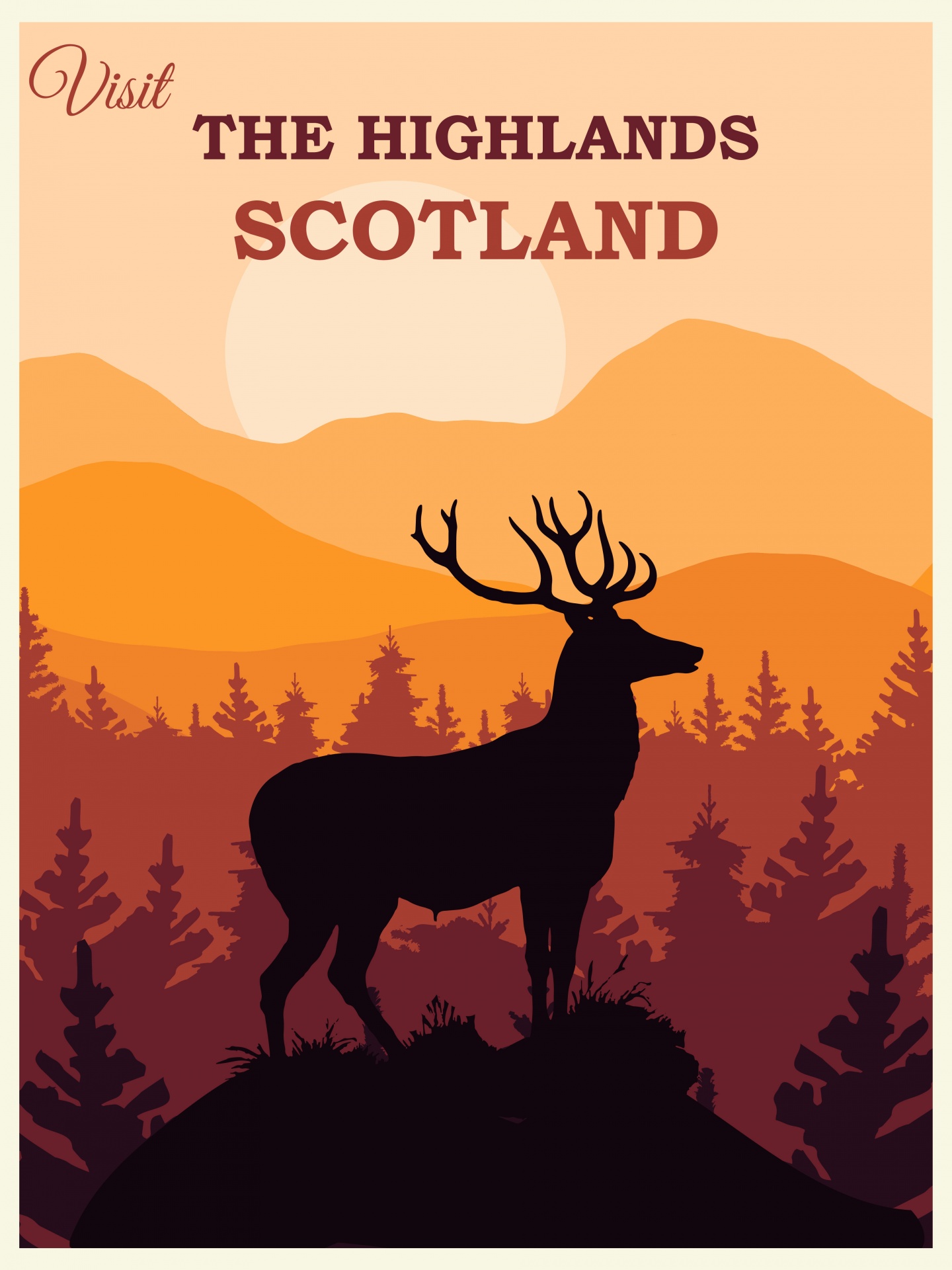 Retro, vintage style yet modern and fresh travel poster for the Scottish Highlands, Scotland, with deer stag, forest and mountains at sunset