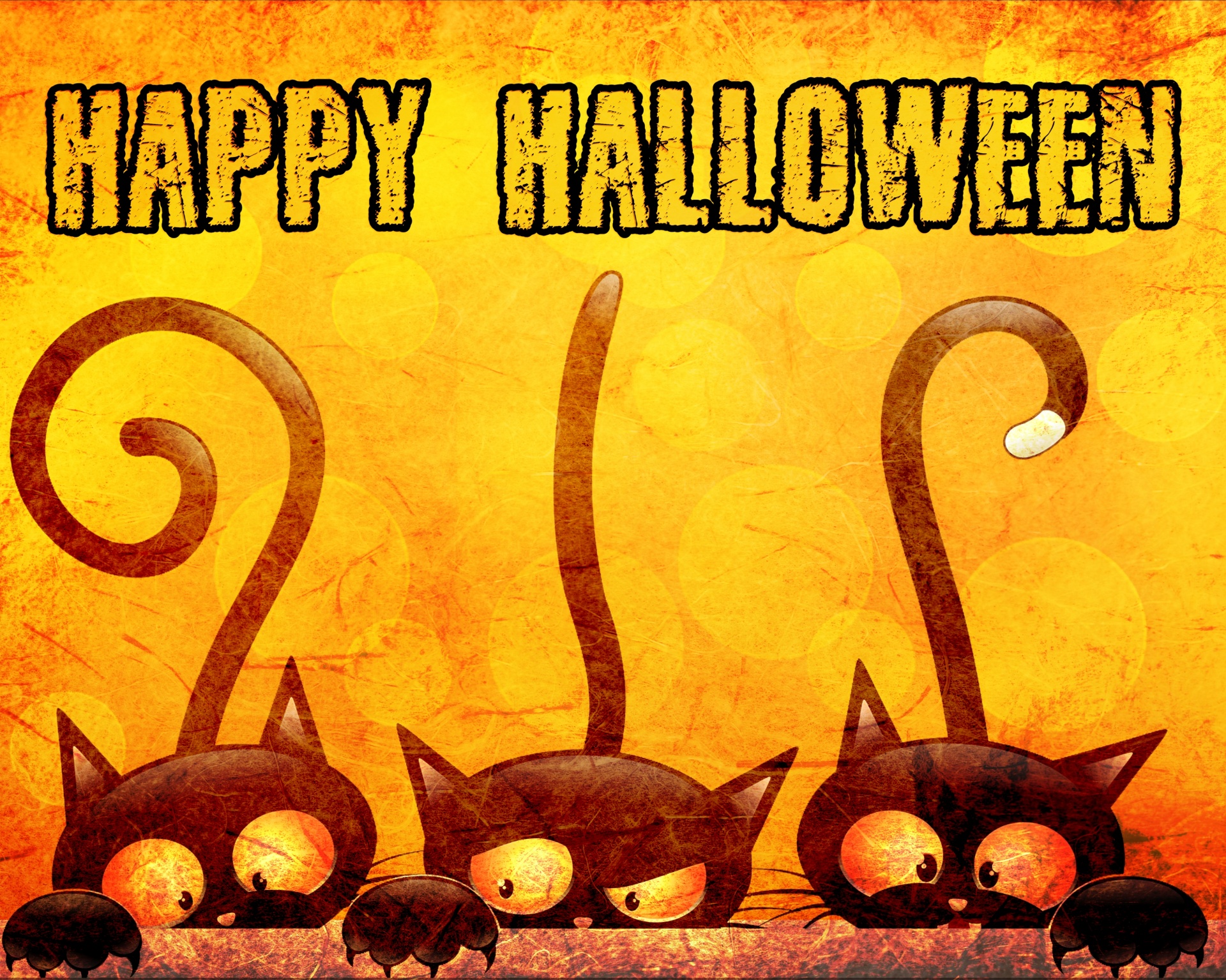 Happy Halloween scene with three black cats collage on orange stained old parchment paper background with mirror frame