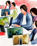 People Using Computers Watercolor