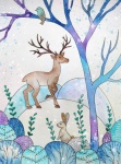 Forest, Deer, Watercolor