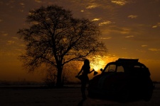 Sunset, Silhouette, Car, Person