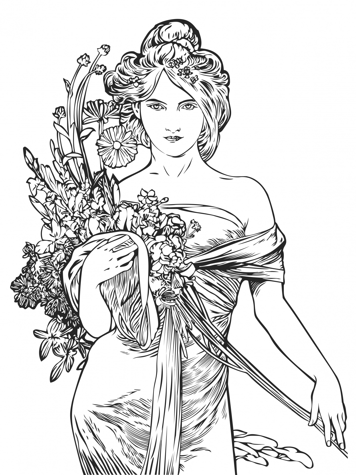 Line art illustration of an art nouveau woman in spring with flowers in black and white coloring page on white background