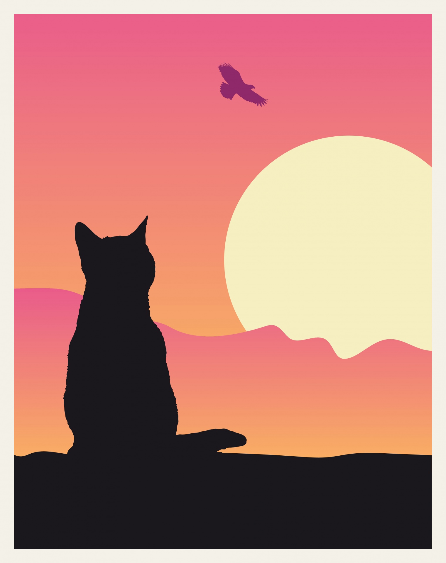 Pink sunset with silhouette of black sitting cat watch a bird flying over the sun, poster, print, wall art, card