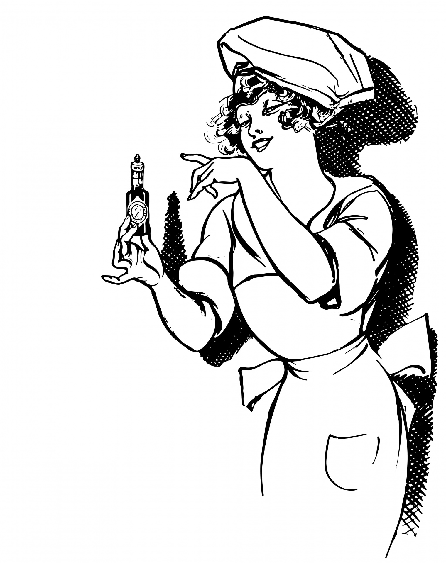 Line art illustration of a retro, vintage woman cook, chef with bottle of sauce in black on white background