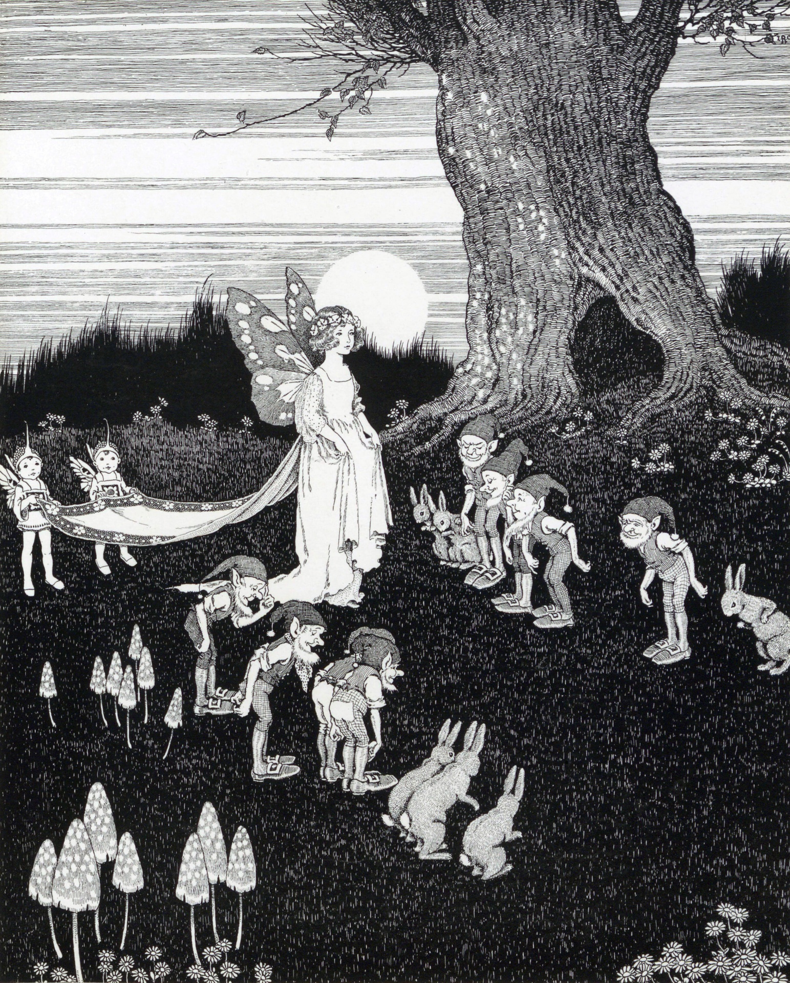 Vintage black and white art illustration of a fairy bridesmaid in fairyland with goblins, gnomes and mushrooms childrens story book by artist Ida Rentoul Outhwaite
