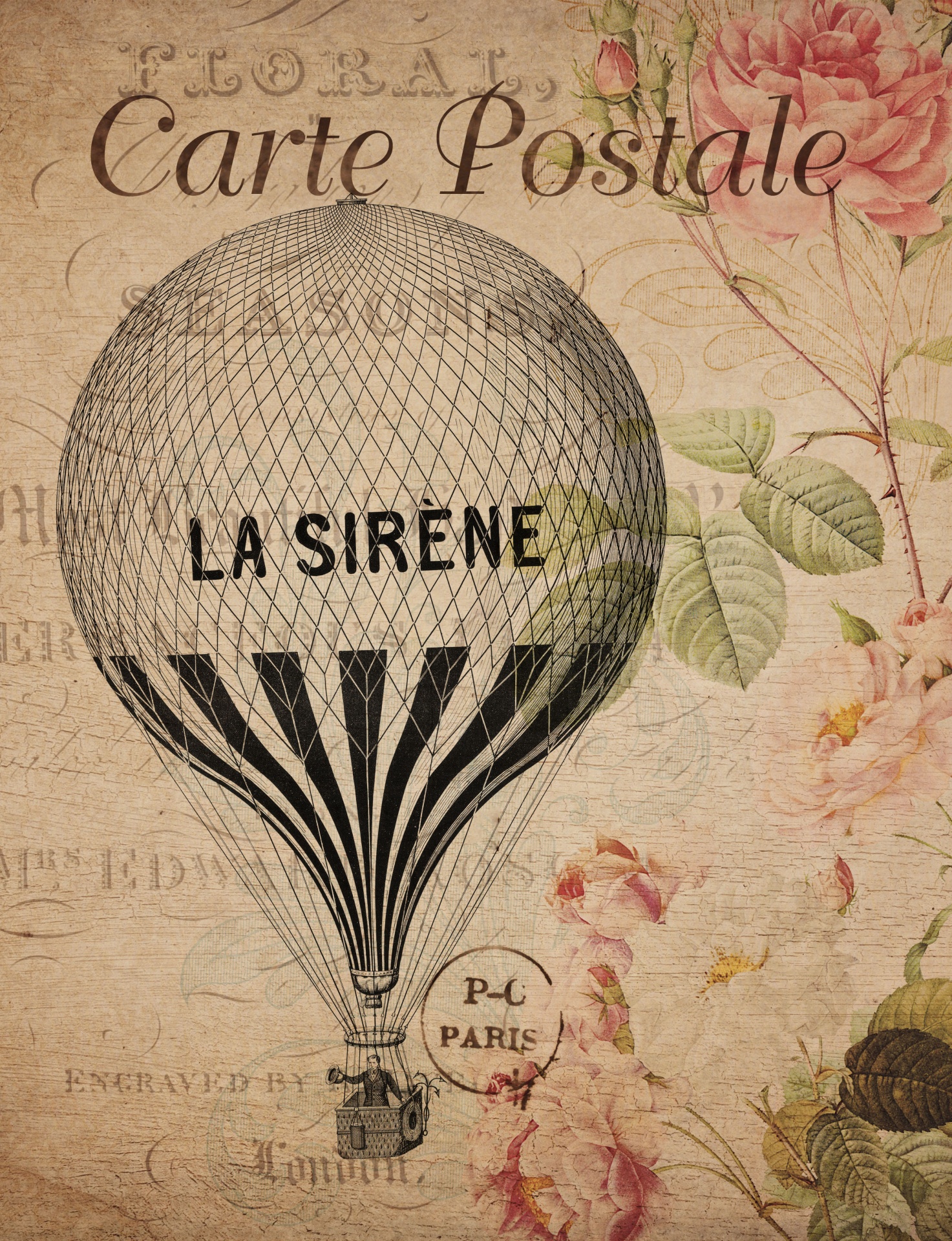 Vintage french floral postcard with hot air ballon