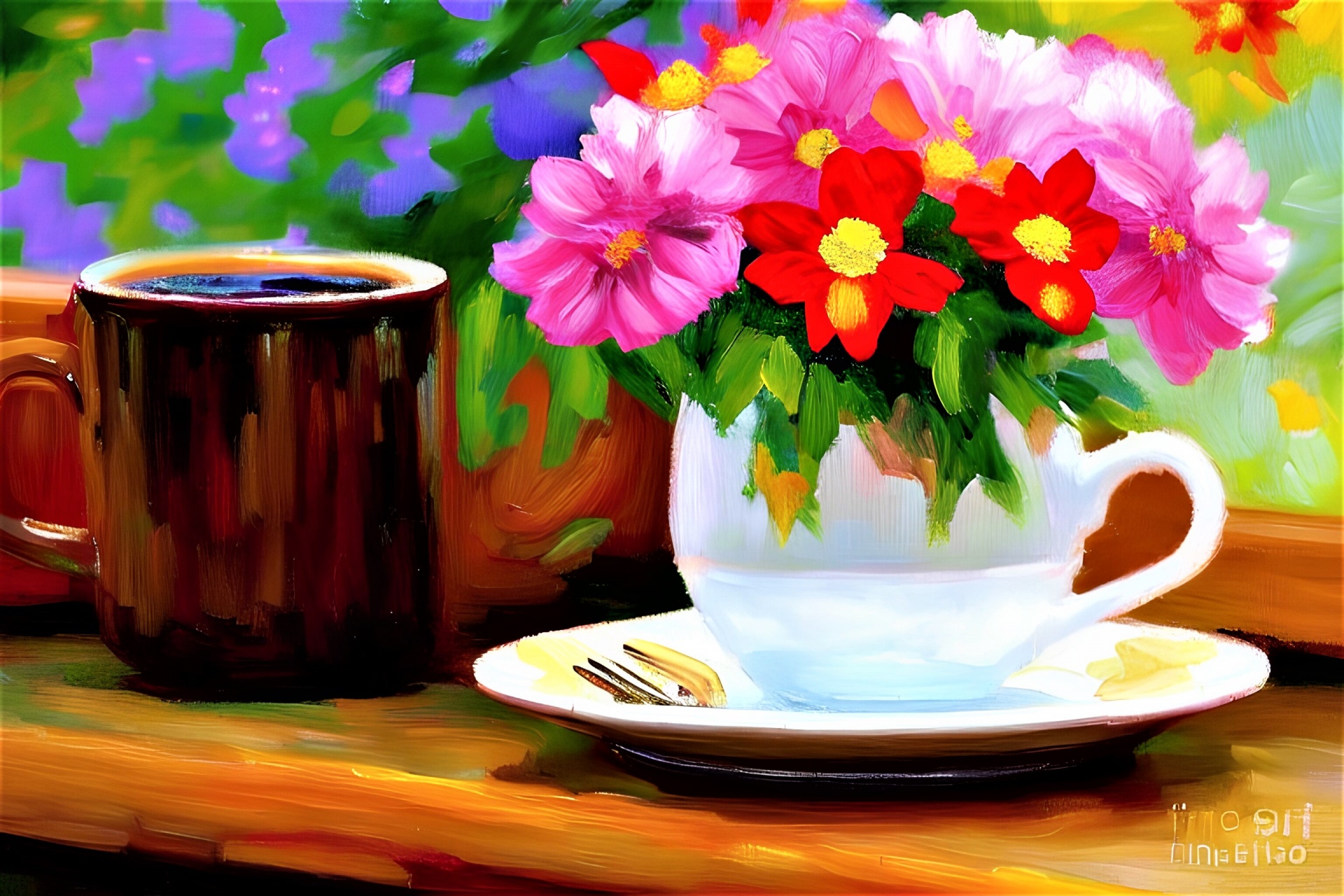 Painting Coffee And Cup Of Flowers