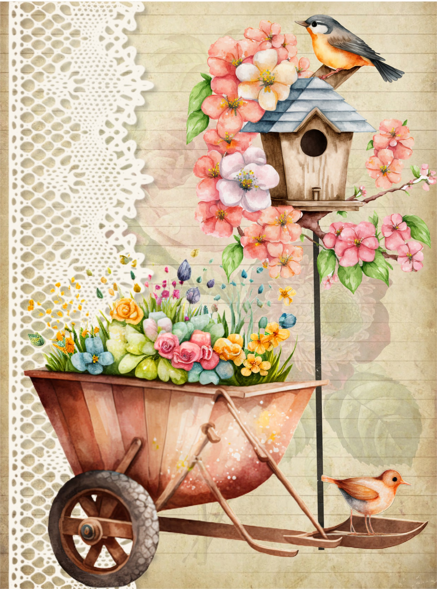 beautiful watercolor illustration of a wheelbarrow full of flowers with a bird sitting on a birdhouse