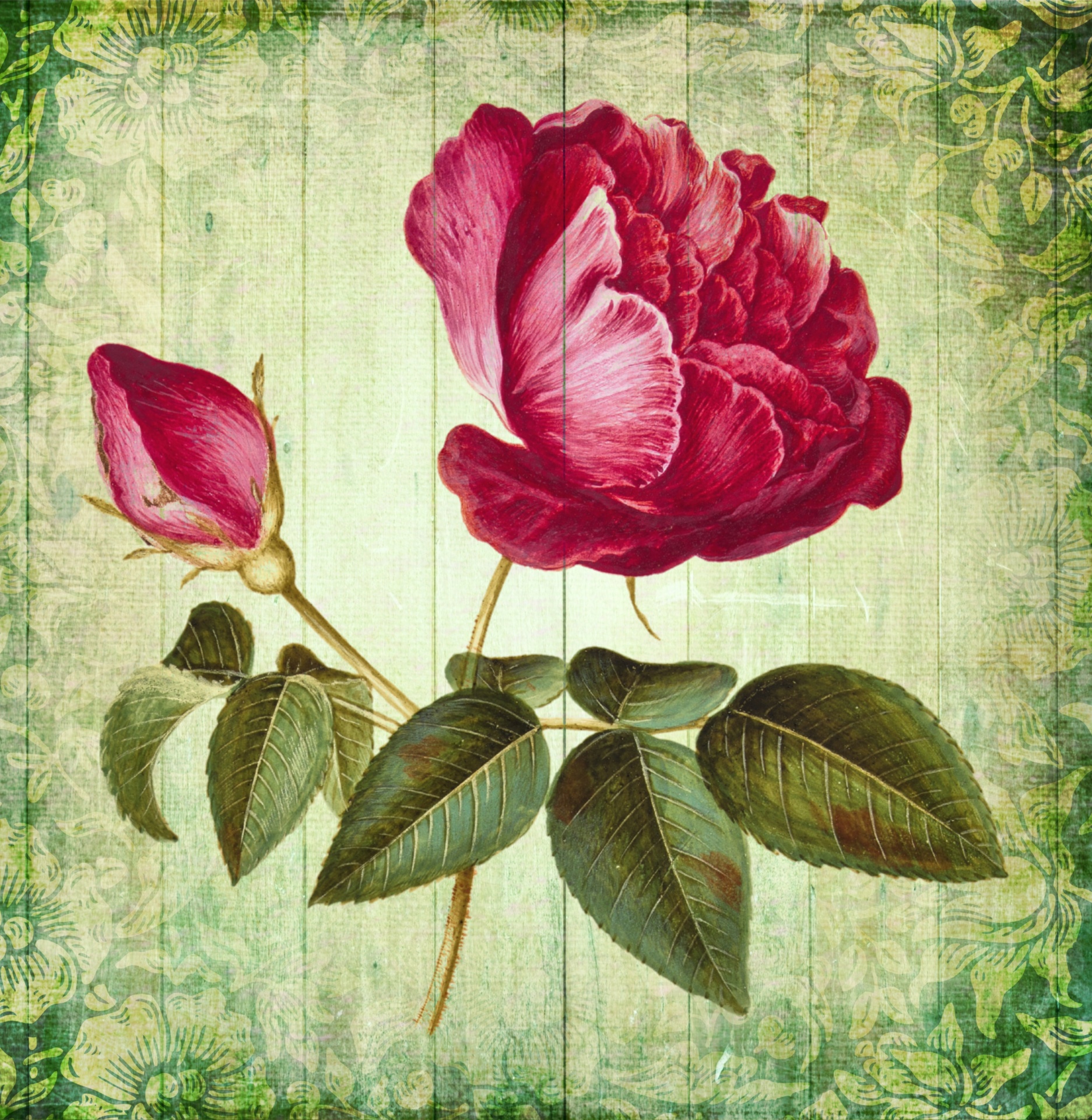 Vintage art collage work Rose flower on green canvas with wood planks texture