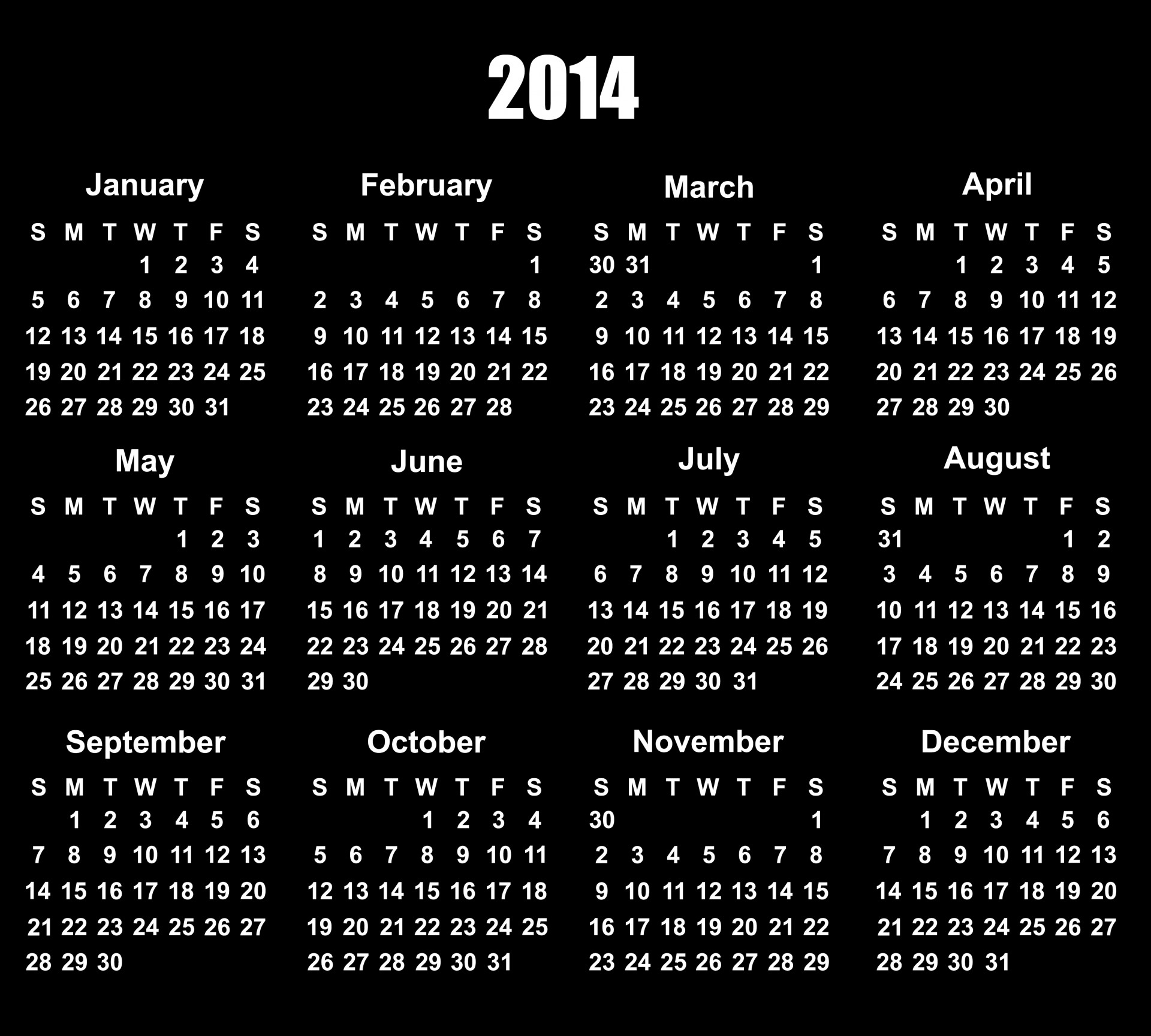 Basic 2014 Calendar template in white on black background