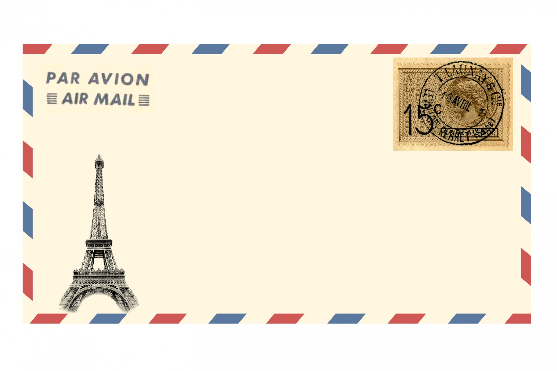Vintage air mail envelope with eiffel tower and french postage