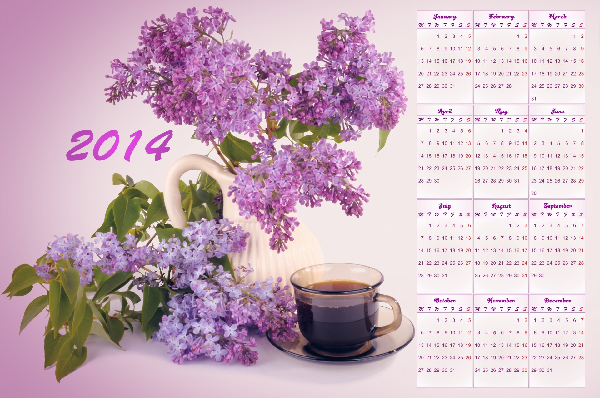 Calendar for 2014 with a bouquet of lilacs and a cup of coffee