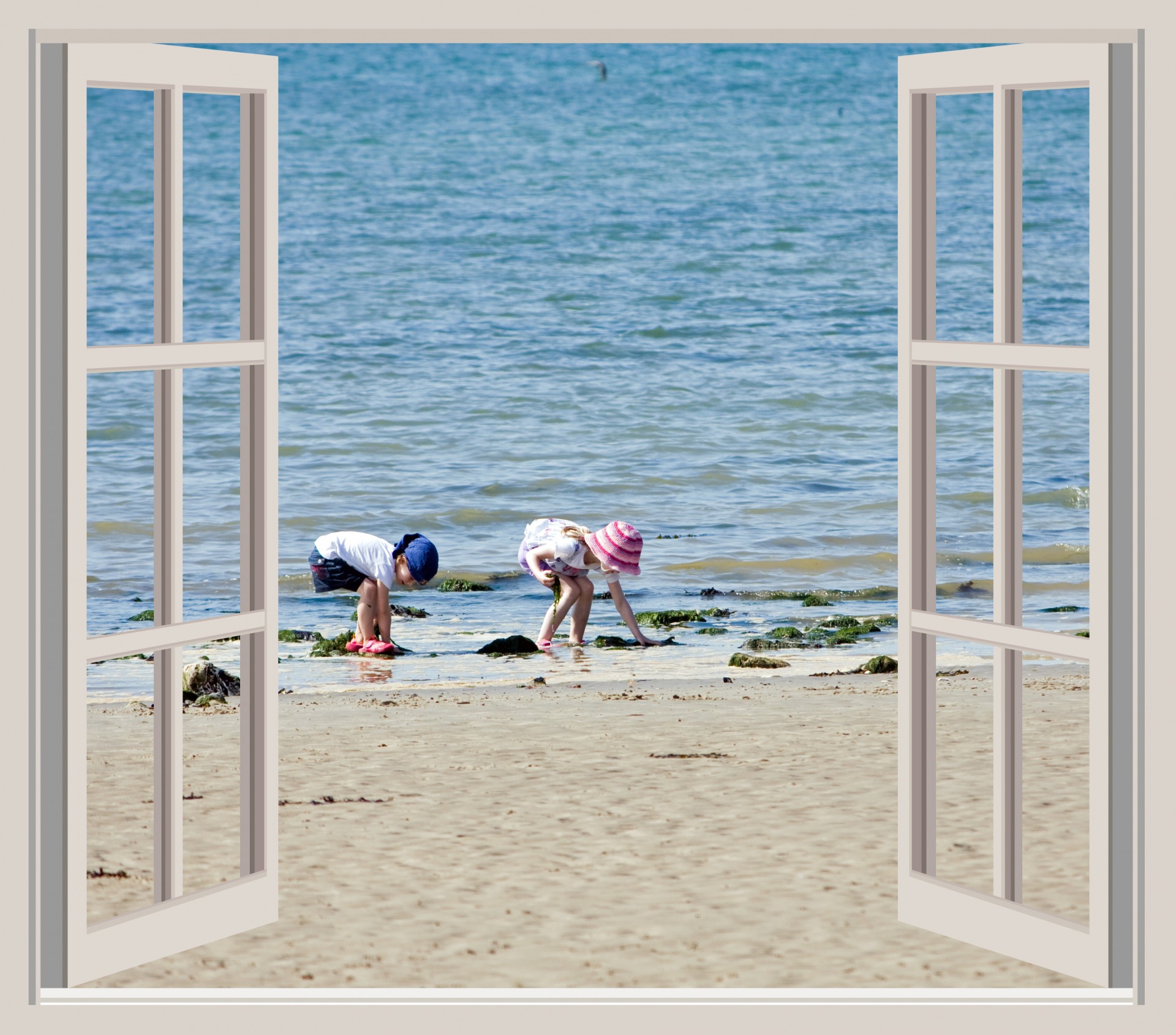 Children on the beach seen through an open window