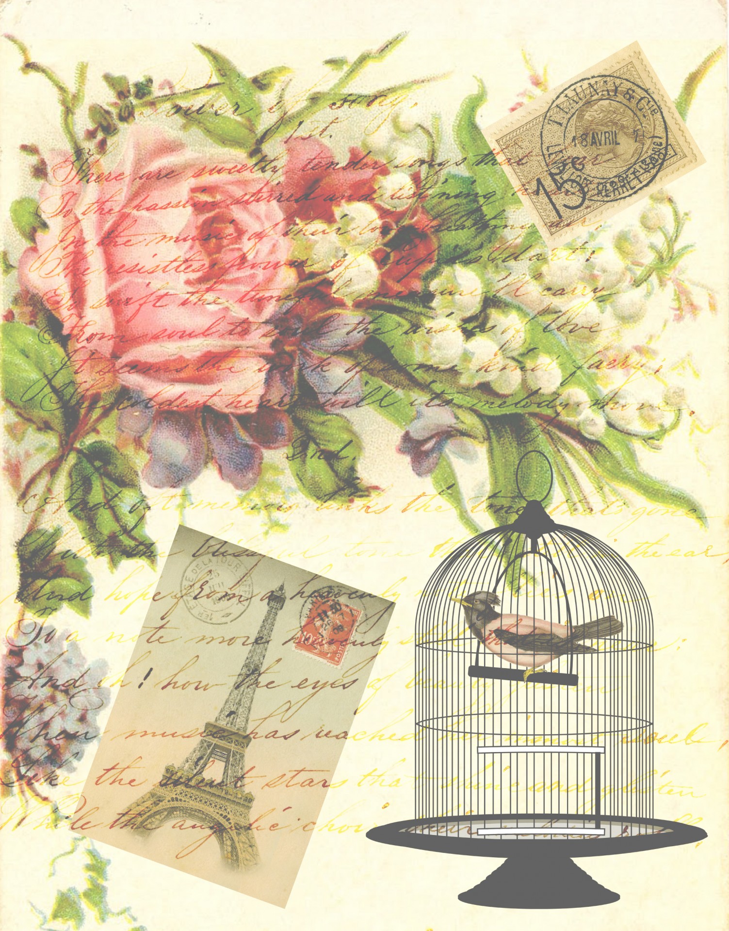 Vintage victorian french bird in birdcage postcard with script and eiffel tower for scrapbooking card