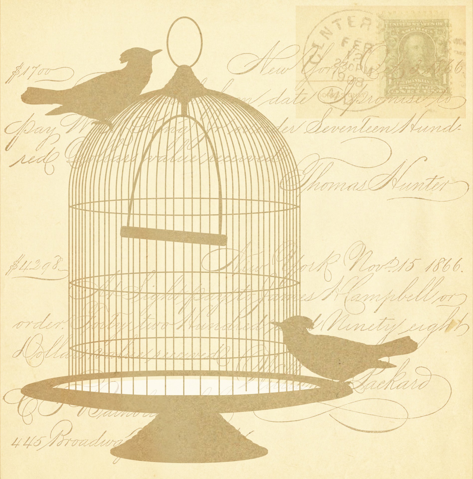 Vintage Birds Gold Script