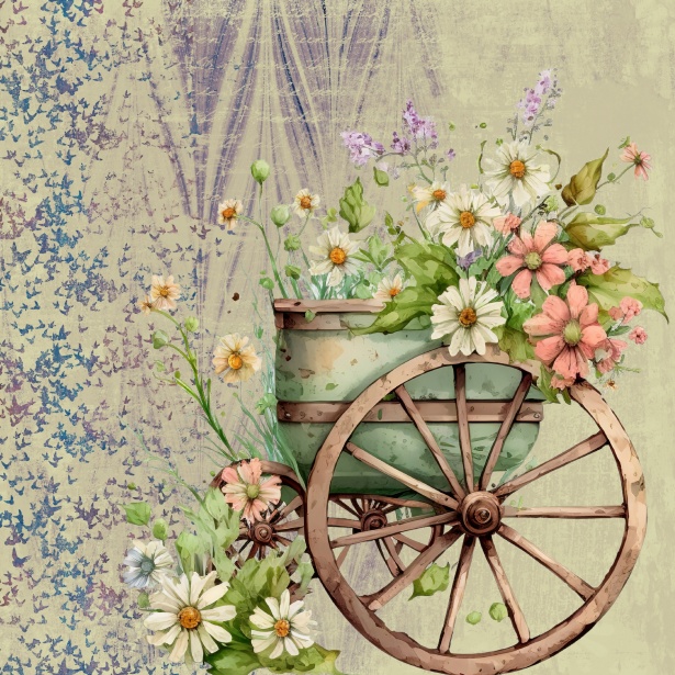 Akvarel Vintage květinový vozík Stock Fotka zdarma - Public Domain Pictures