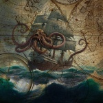 Vintage Map Ship Octopus Ocean