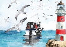 Ocean Seagull Boat Digital Art