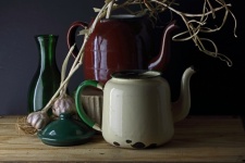 Vintage Enamel Kettles, Green Vase